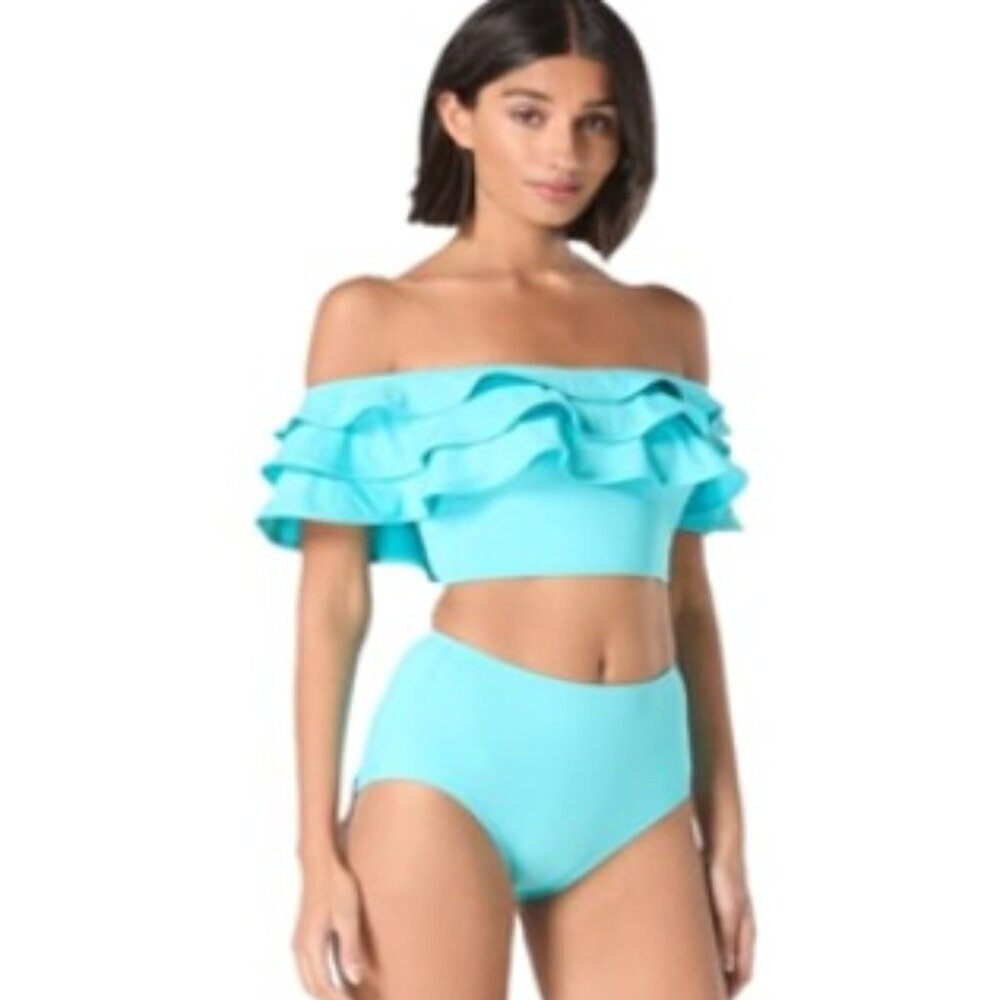 NWT Kate Spade Ruffle River Blue Off Shoulder Wireless Ruffle Swim Bikini Top S